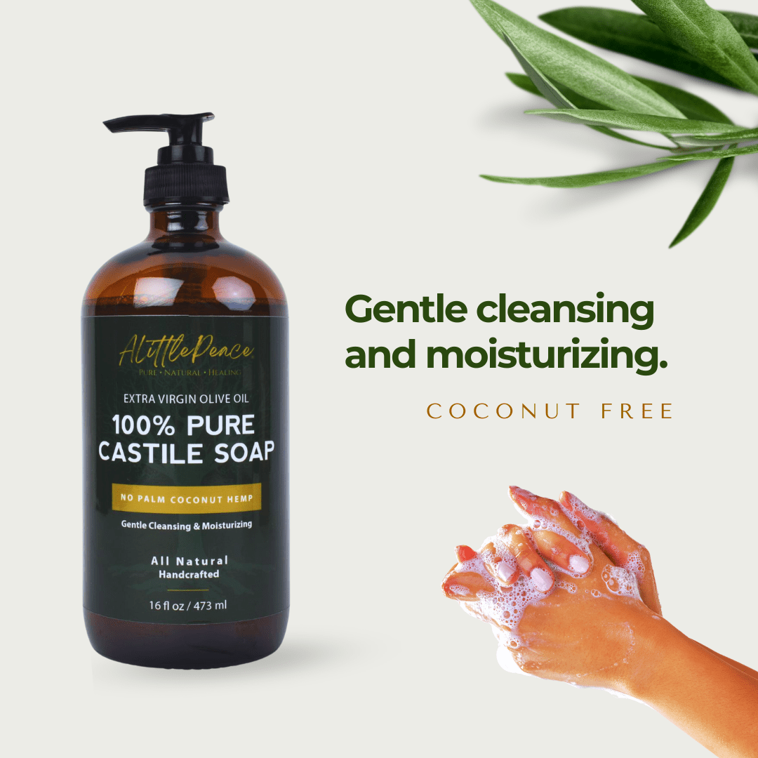 An amber glass pump bottle of ALittlePeace 100% Pure Castile Olive Oil Soap image showing hands with soft soap suds and olive leaves, with text that says gentle moisturizing, coconut free.