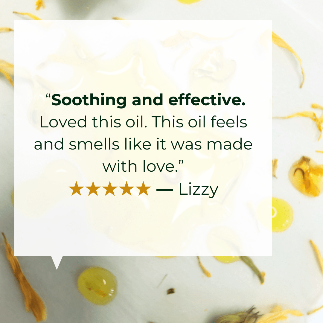 ALittlePeace Eczema Scalp Oil review featuring testimonial text over an oil and herb backdrop.