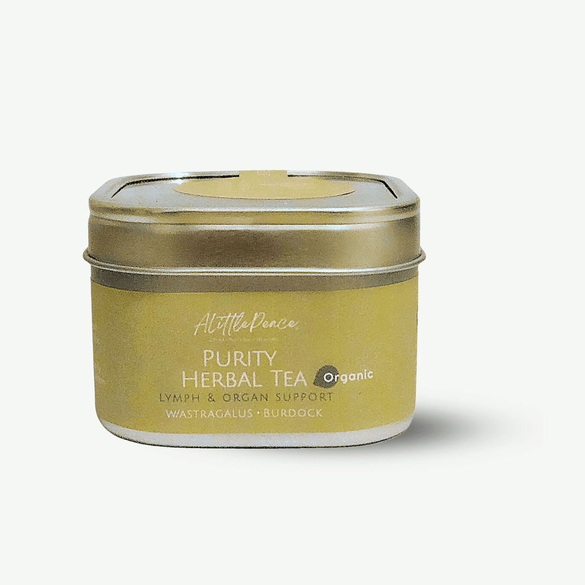 ALittlePeace Purity Herbal Tea tin made with pure botanicals on a light background.