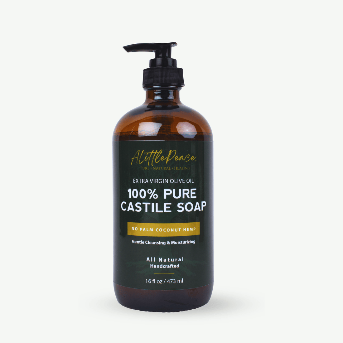 ALittlePeace liquid 100% Pure Castile Olive Oil Soap made with 100% olive oil in a dark amber glass pump bottle on a light background.