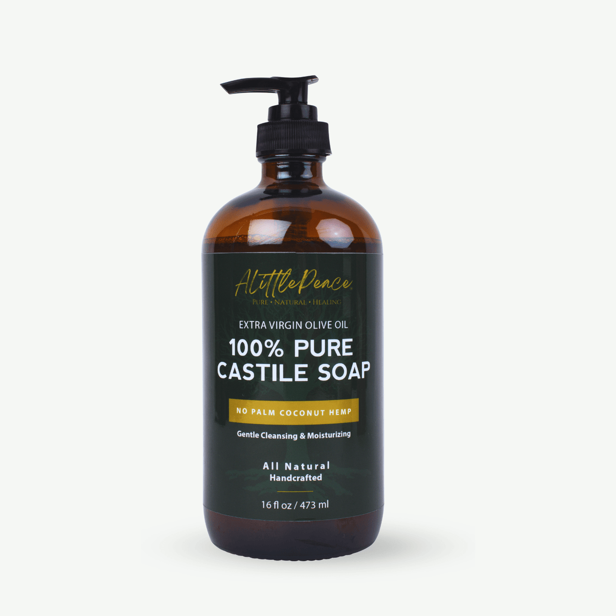 ALittlePeace liquid 100% Pure Castile Olive Oil Soap made with 100% olive oil in a dark amber glass pump bottle on a light background.