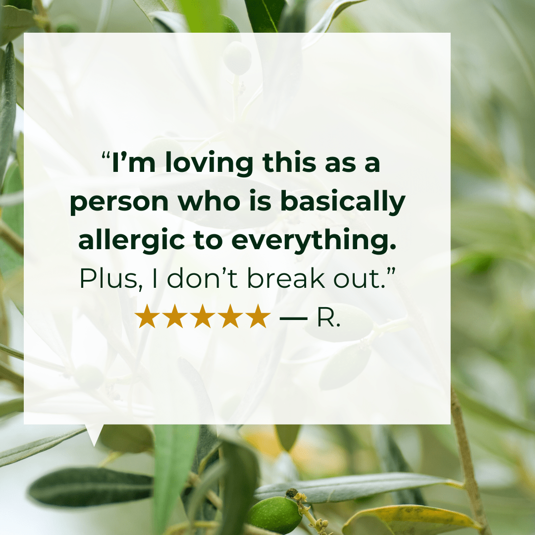 ALittlePeace 100% Pure Castile Olive Oil Soap customer review image featuring testimonial text overlay with an olive tree backdrop.