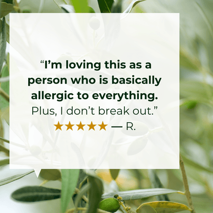 ALittlePeace 100% Pure Castile Olive Oil Soap customer review image featuring testimonial text overlay with an olive tree backdrop.