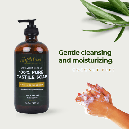 An amber glass pump bottle of ALittlePeace 100% Pure Castile Olive Oil Soap image showing hands with soft soap suds and olive leaves, with text that says gentle moisturizing, coconut free.