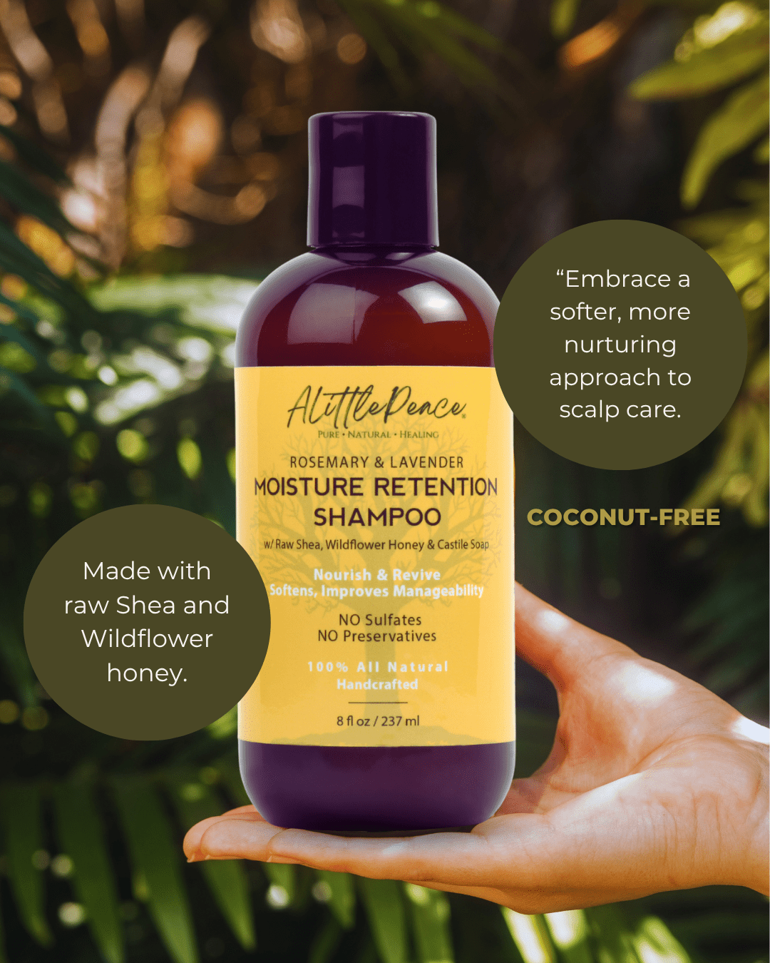 ALittlePeace Moisture Retention Shampoo bottle held in a hand against a green foliage background, featuring product details.