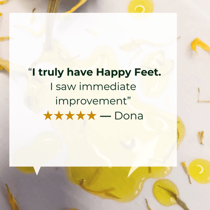 ALittlePeace Bliss Foot Oil review featuring testimonial text over an oil and herb backdrop.