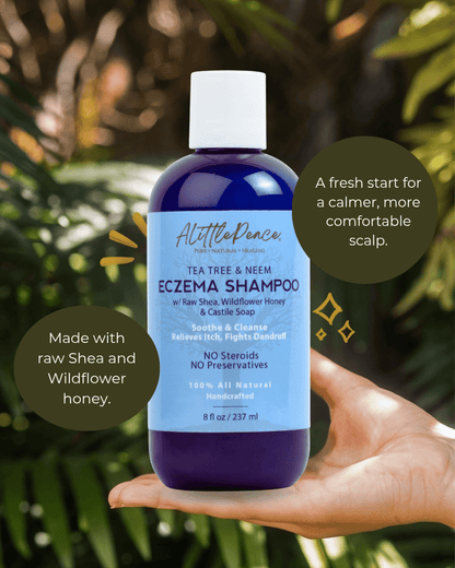 ALittlePeace Eczema Shampoo bottle held by a hand with green foliage background.