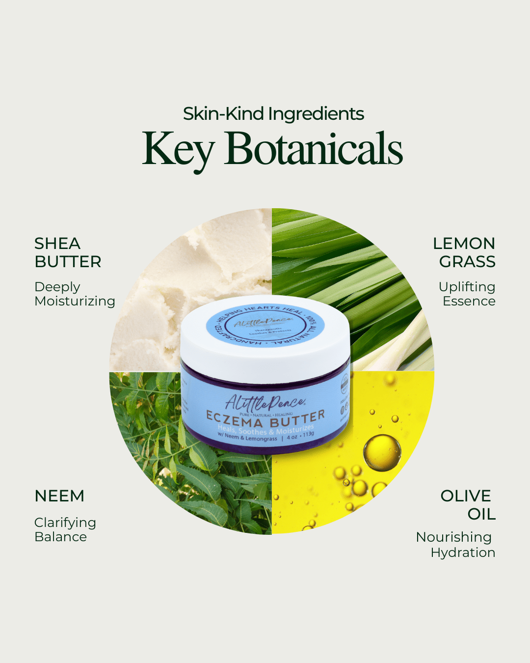 ALittlePeace Eczema Butter jar with shea, olive oil, lemongrass, and neem shown as key ingredients.
