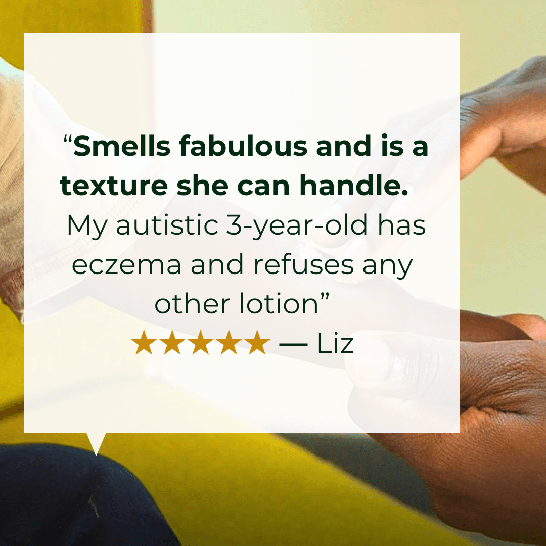 ALittlePeace Eczema Butter review featuring testimonial text over an adult applying butter to a child’s arm backdrop.