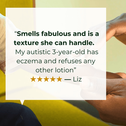 ALittlePeace Eczema Butter review featuring testimonial text over an adult applying butter to a child’s arm backdrop.