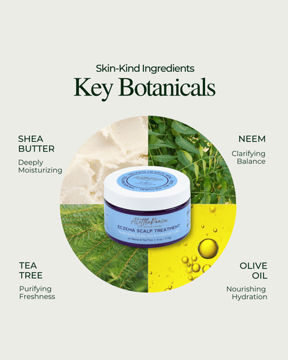 ALittlePeace Eczema Scalp Treatment jar with shea, olive oil, tea tree, and neem shown as key ingredients.