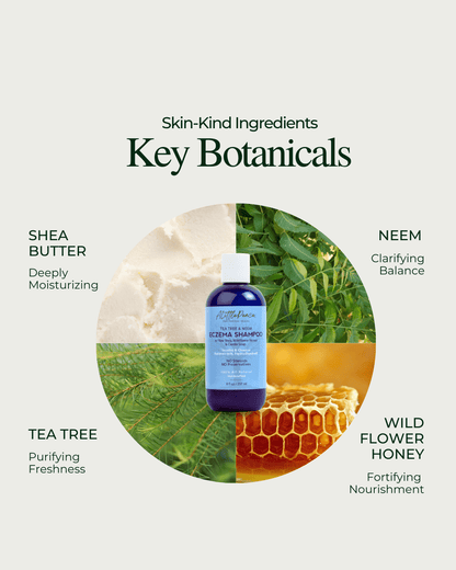 ALittlePeace Eczema Shampoo bottle with shea, honey, tea tree, and neem shown as key ingredients.