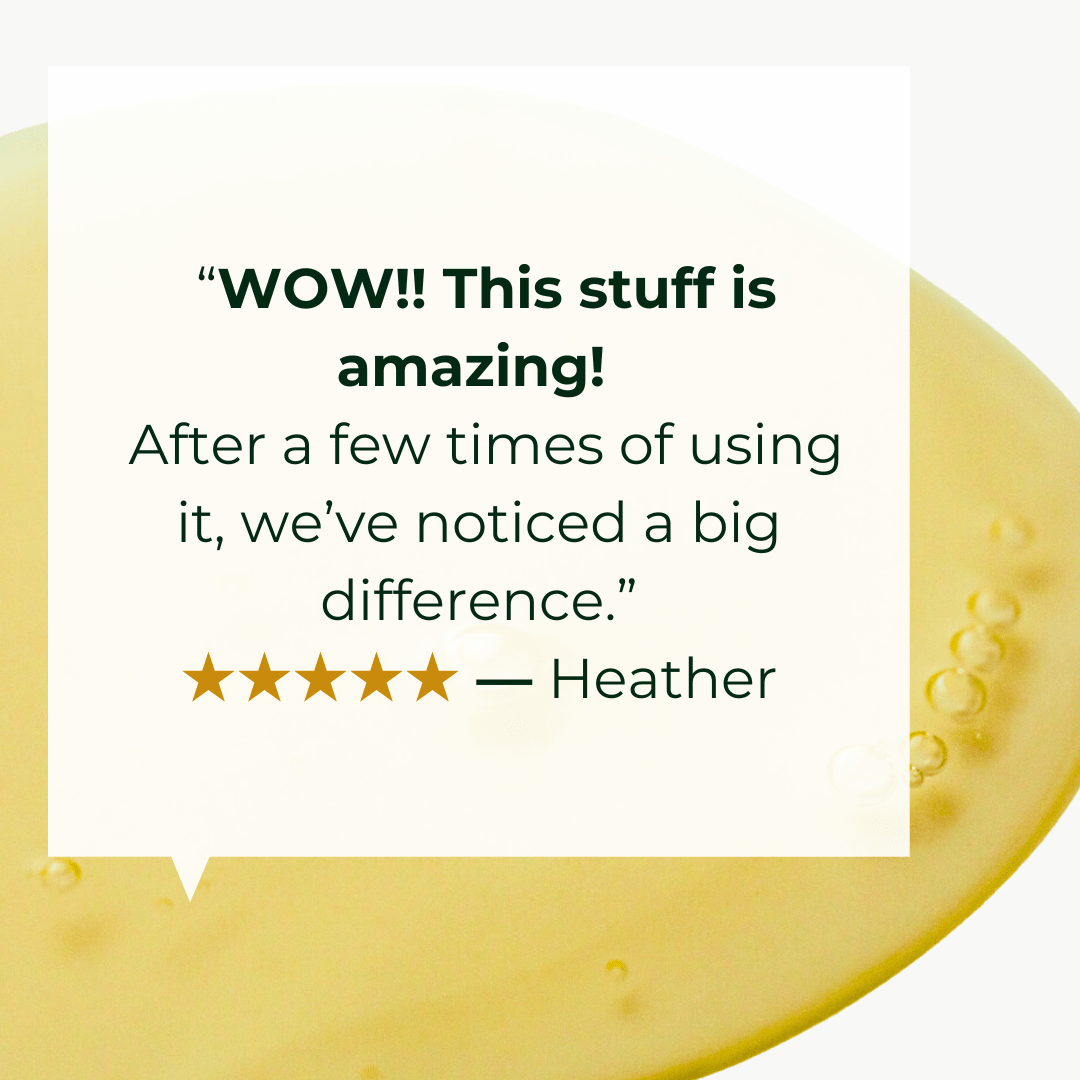 ALittlePeace Eczema Shampoo review featuring testimonial text over a yellow‑tinted gel backdrop.