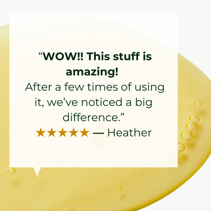 ALittlePeace Eczema Shampoo review featuring testimonial text over a yellow‑tinted gel backdrop.