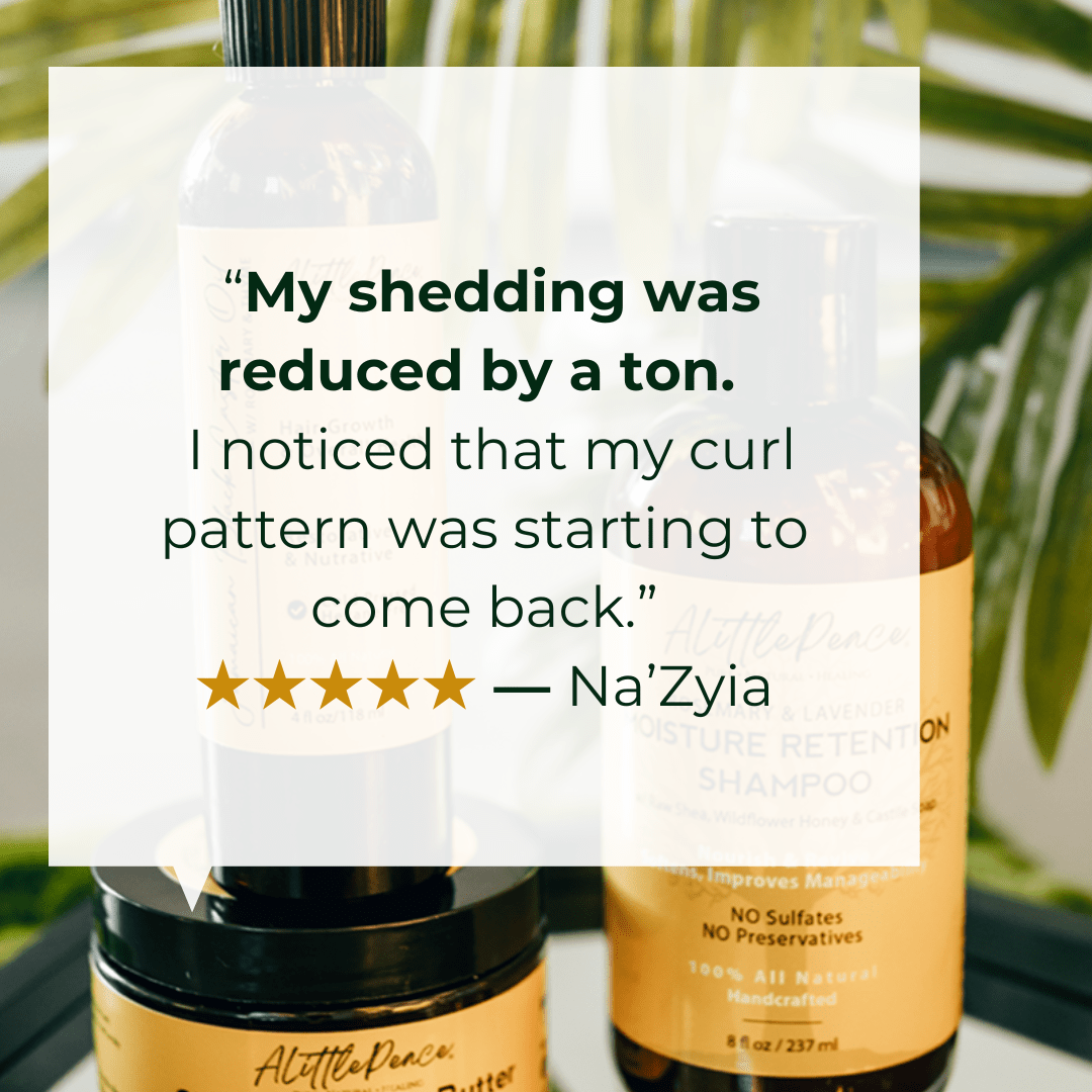 ALittlePeace Moisture Balance Growth Set review featuring testimonial text over a lifestyle image of the set with leaves in the background.