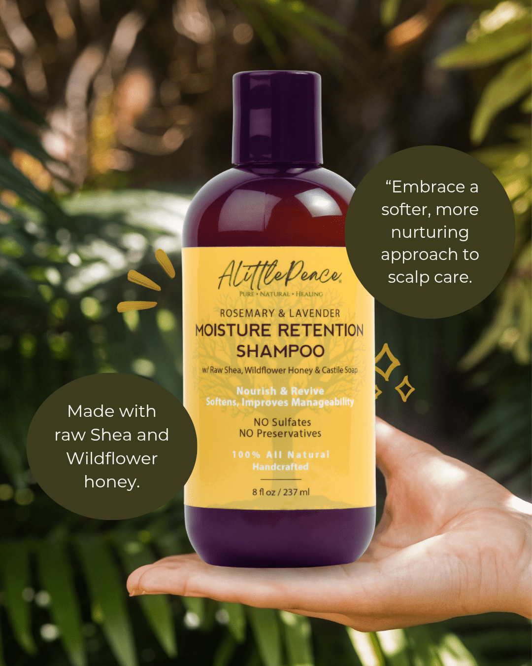 ALittlePeace Moisture Retention Shampoo bottle held by a hand with green foliage background.