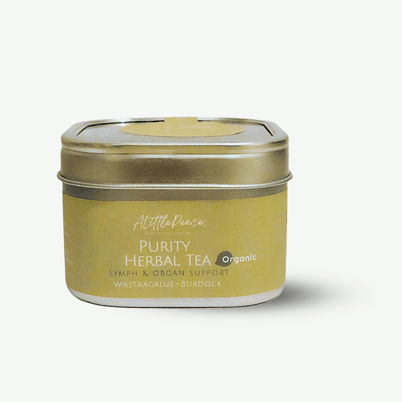 ALittlePeace Purity Herbal Tea tin made with pure botanicals on a light background.