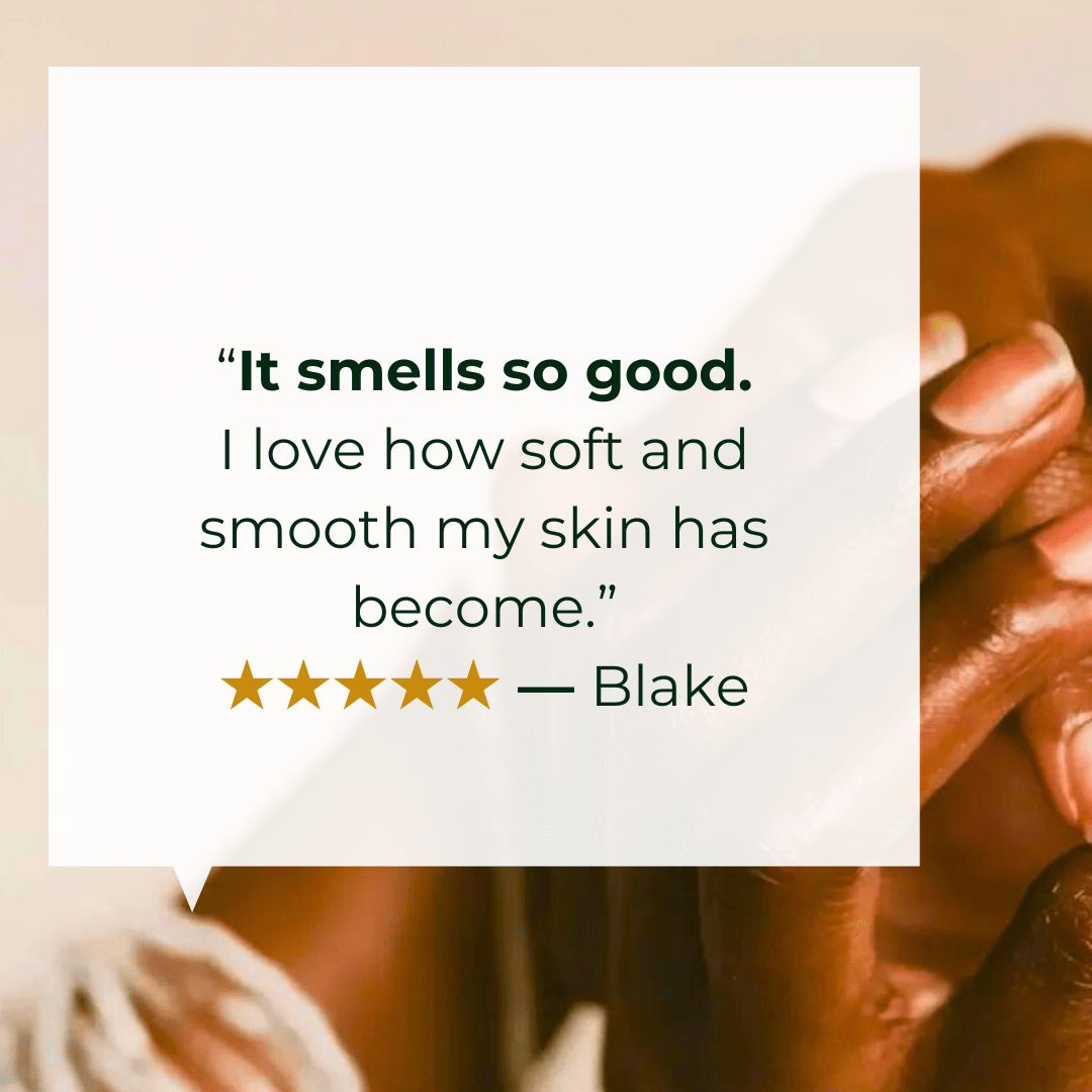 ALittlePeace SheaOlive Body Butter customer review image featuring testimonial text overlay on a softly blurred image of hands.